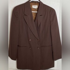 Talbots Chocolate Brown Wool Double Breasted Blazer Jacket Boxy 80s Petite 14